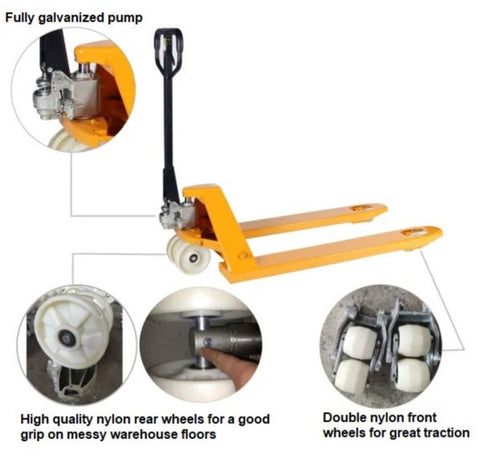 Manual pallet jack features - galvanized pump & nylon wheels Manual pallet jack features - galvanized pump & nylon wheels