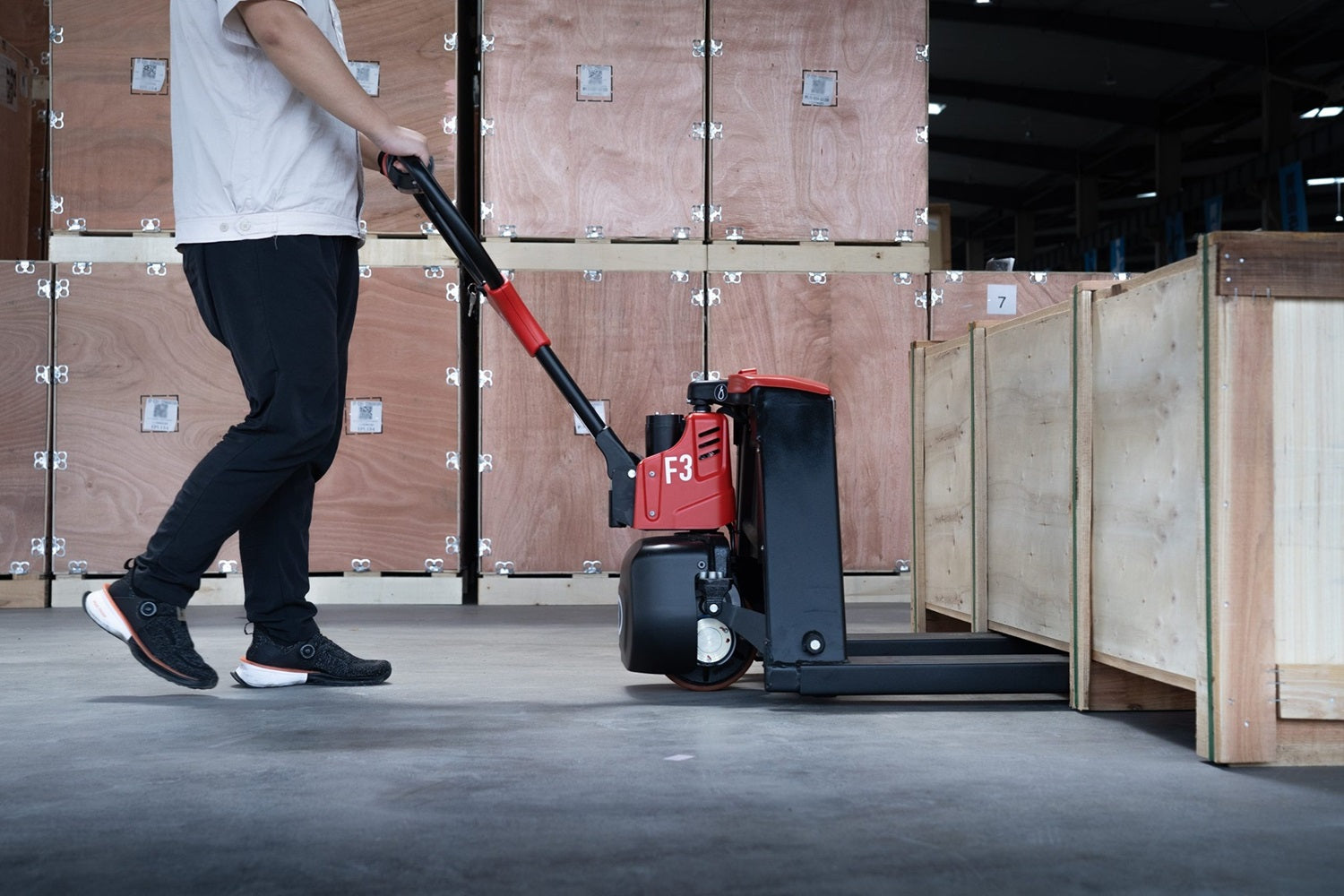 F3 electric pallet jack by EP equipment in use