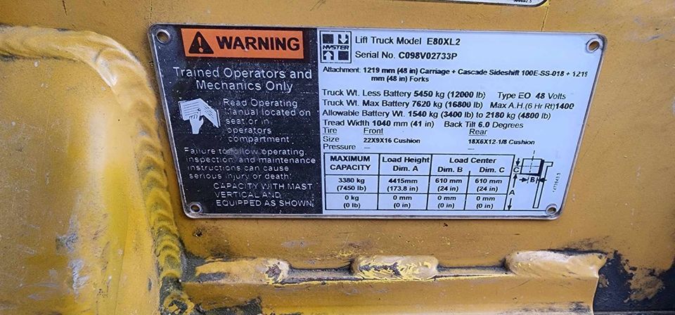 used HYSTER electric forklift 8000lbs capacity specs