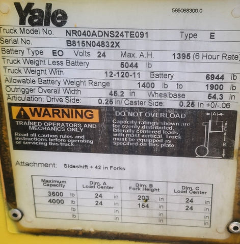 used yale electric reach truck specs